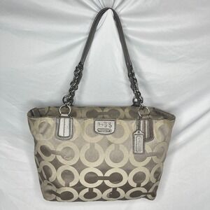 Coach Op Art Chainlink‎ Tote Bag Purse Satchel Designer Blue and Beige Handbag